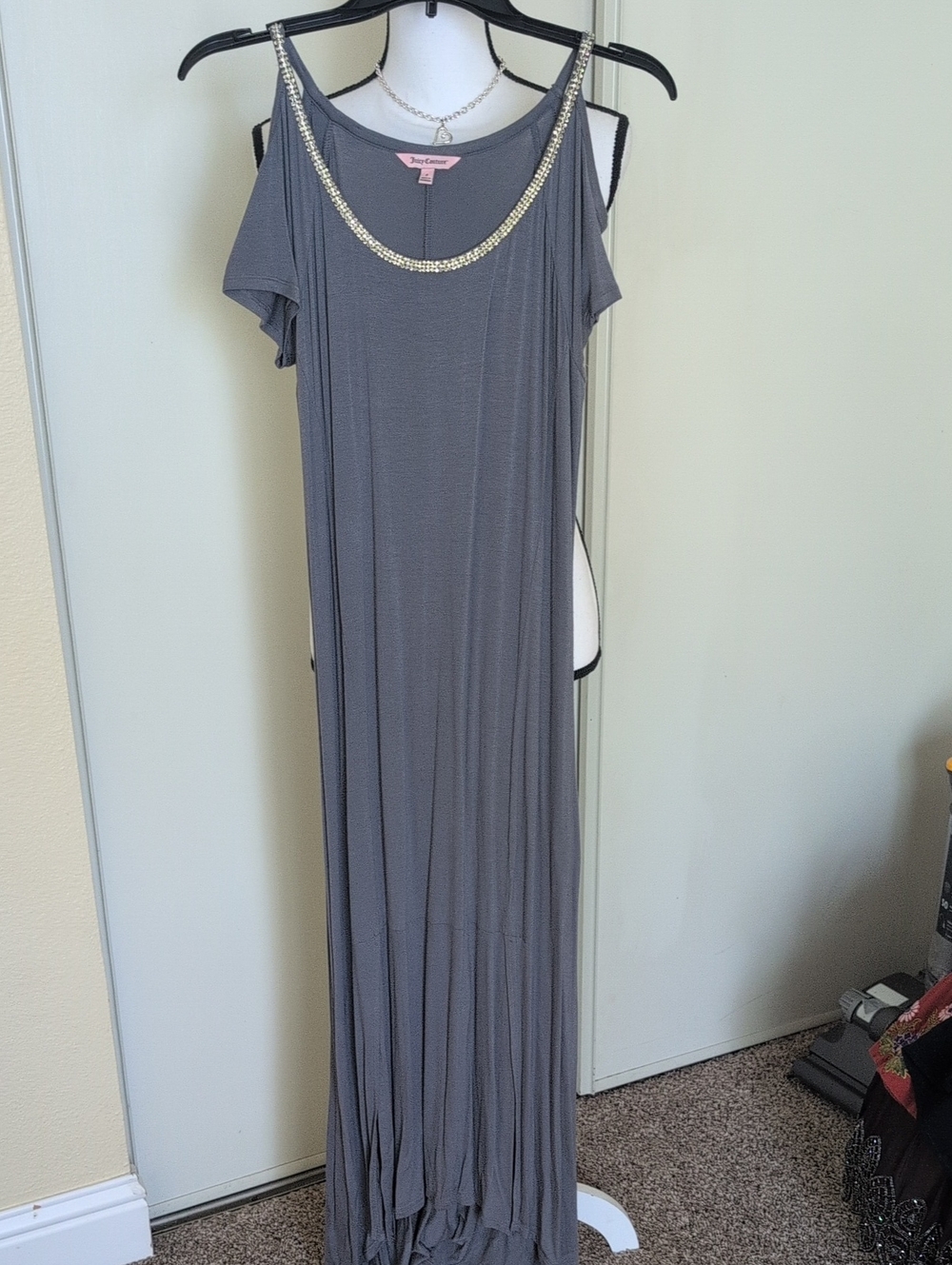 Juicy Couture Grey Cold-Shoulder Maxi Dress with Embellished Neckline